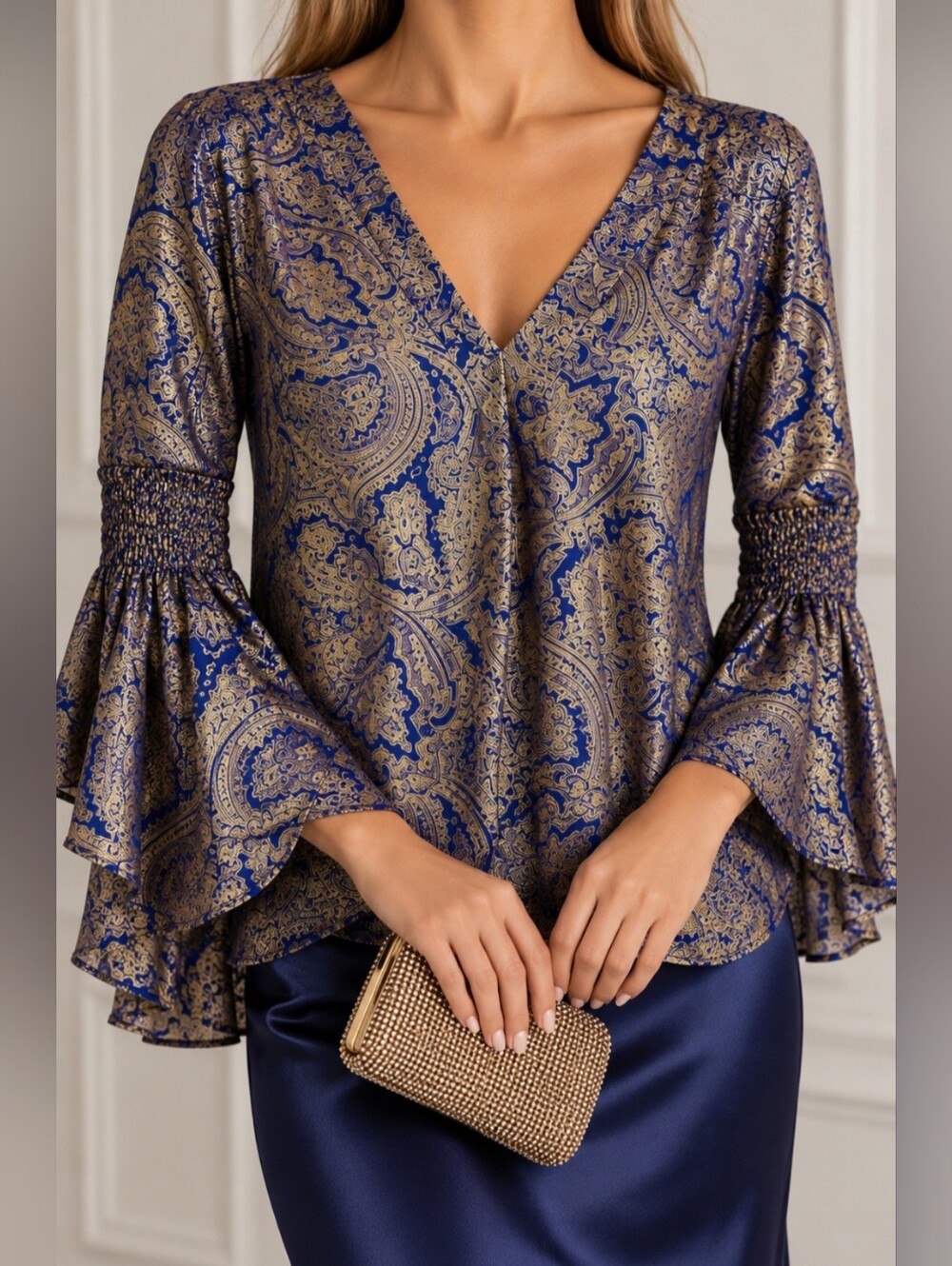 MICHAEL Michael Kors Blue and Gold Paisley Blouse